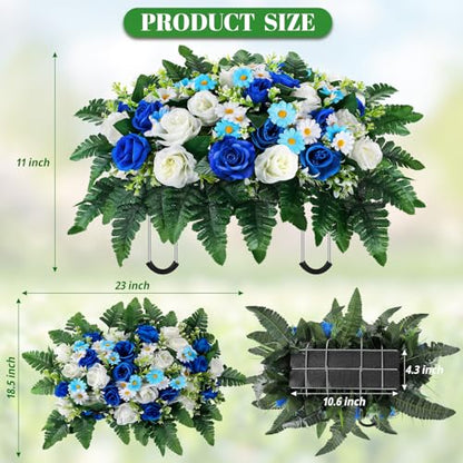 Artificial Cemetery Flowers, Saddle Headstones Decoration, Artificial Rose Daisy Bouquet Graveyard Memorial Flowers (Blue and White)