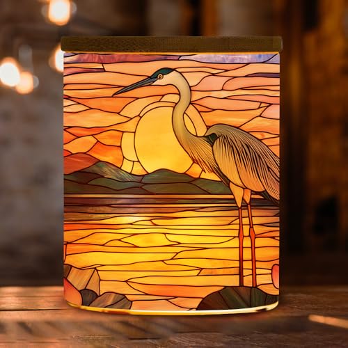Stained Glass Heron Tea Light Candle Holder with Bamboo Lid, Lotus Decorations Light Glass Tealight Holder, LED Candle Tealight Jar for Birthday,Wedding,Home Decor - color: Heron