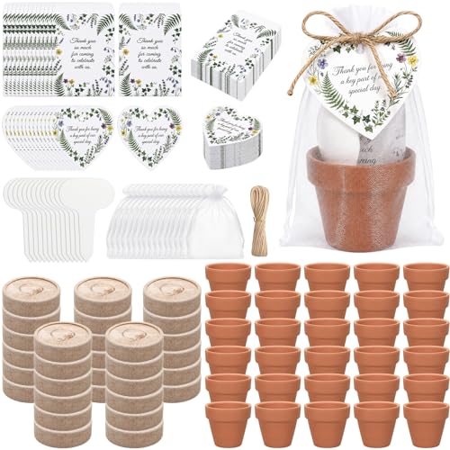 30 Sets Thank You Party Favors for Guests Terracotta Flowerpot Seedling Soil BlocksSeed Packets Organza Gift Bags Thank You Cards and Plant Labels for Bridal Shower Baptism Wedding Party(Greenery) - style: Greenery