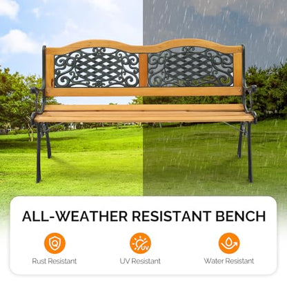 VINGLI Classic Cast Iron & Teak Arched Back Rectangular Outdoor Bench, 3-Seater, 470 lbs Capacity, Easy Assembly, Weather Resistant, 49.5" W x 20.5" D x 29" H