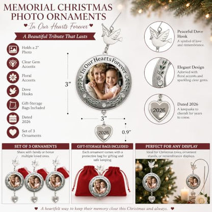 Memorial Christmas Photo Ornaments 2026, Set of 3 Remembrance Keepsakes, in Our Hearts Forever Sympathy Ornaments with Clear Gems, Floral Accents, Dove Hooks and Gift Bags, 3 Inch - size: 3 Pack