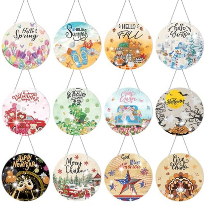 Cinnvoice Seasonal Diamond Art Hanging Kit,12 Pcs,Classic | Holiday Diamond Art Wreath Ornament, Month Gem Hanging Sign, Festival Crystal Suncatcher, for Door Window Wall Home Decor - style: Classic