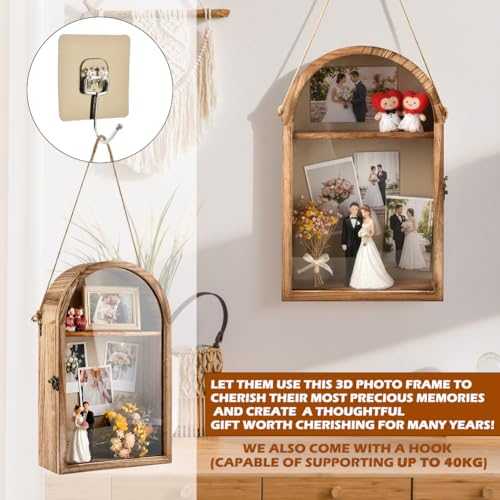 Shadow Box Frame, 10x16 Large Shadow Boxes Display Cases with Linen Back and Removable Shelves, Arch Memory Box for Medals, Photos, Memorabilia, Wedding Bouquet, Awards, Keepsakes, Carbonized Brown