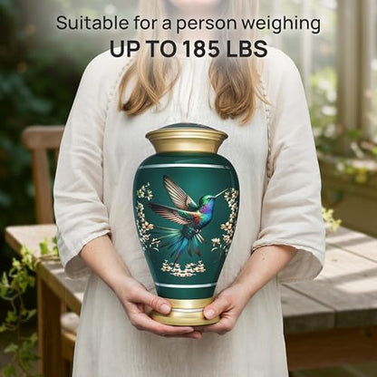 Remoria Cremation Urns for Human Ashes, Large Adult Green Hummingbird Urn | Funeral Urn for Female & Male, 185 Cu In, Gift Box and Velvet Bag Included - color: Green
