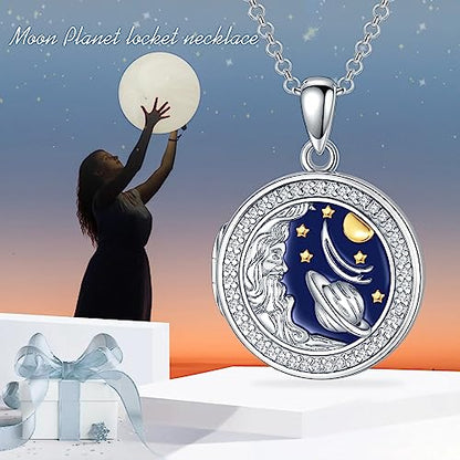 Round Locket Necklace 925 Sterling Silver Filigree/Flower Locket Necklace That Holds Pictures Birthday Christmas Jewelry Gifts for Women - color: 09-Planet Locket