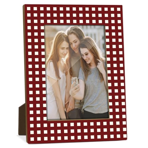 Red Checkered Picture Frame, Birthday Gifts for Sisters Girl Mom Friends Women, Wooden Picture Frame Fits 4x6 Inch Photo, Home Office Desktop Nightstand Display -074 - color: Red Checkered