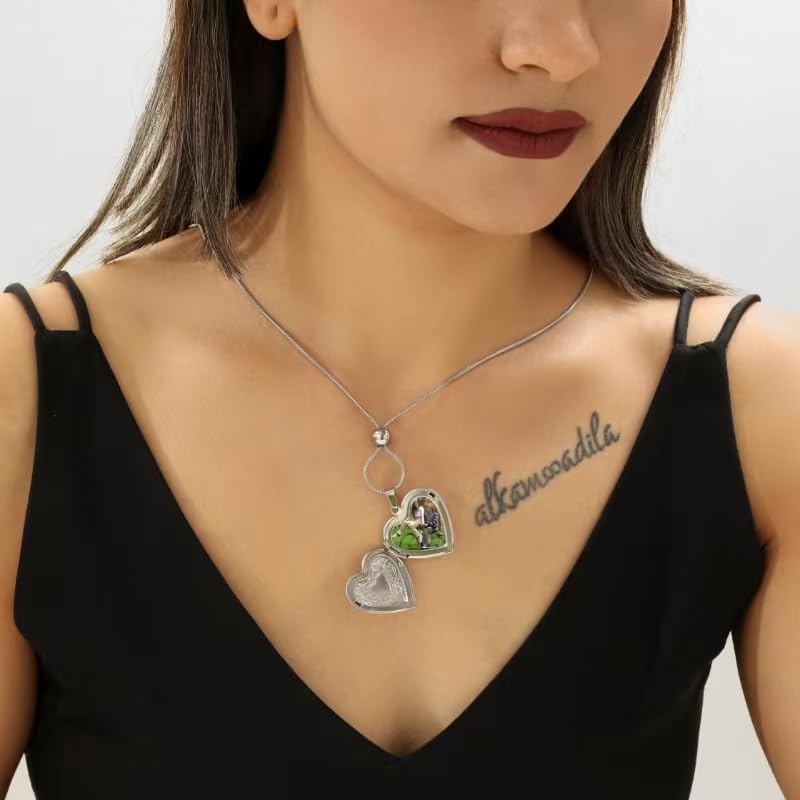 ZFAIRY Heart Locket Necklace with Photo Frame, Stainless Steel, Adjustable Chain, Silver