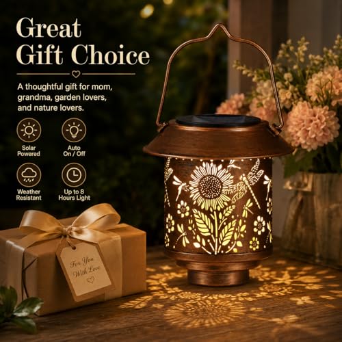2 Pack Solar Lantern Outdoor Hanging, Gifts for Women Mom（Sunflower） - color: b-Dragonfly-2PC