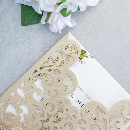 20Pcs Champagne Laser Cut Wedding Invitation Cards With Envelopes - color: Champagne