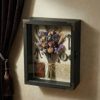 11x14 Shadow Box Frame, Solid Wood Memory Display Case with Glass Door, Linen Back, 2.7" Overall Depth, 10 Push Pins & Hanging Hardware, Rustic Keepsake Box for Flowers, Photos, Medals, Black - size: Medium (Black)