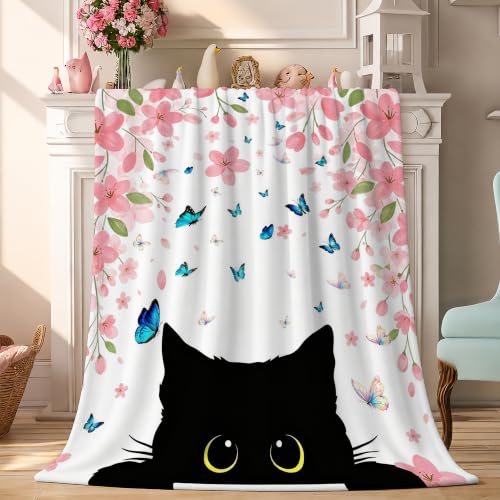 Black Cat Fleece Throw Blanket, Flowers Flannel Blankets for Couch 50"×60" - color: Black Cat
