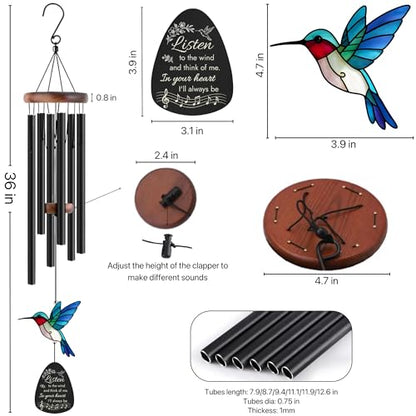Sympathy Wind Chimes for Loss of Loved One, Memorial Gifts for Loss of Mother/Dad/Husband - Hummingbird Wind Chimes for Outside with Mute Option, in Memory of Loved One Gifts, Bereavement Wind Chimes - size: 36IN