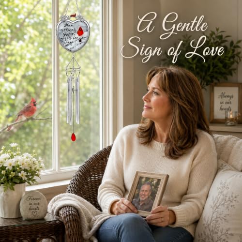 Cardinal Memorial Wind Chimes, 18 Inch Bereavement Sympathy Gift, When Cardinals Appear Angels are Near Remembrance Message, Red Cardinal Hanging Chime for Loss of Loved One, Memorial Garden Decor