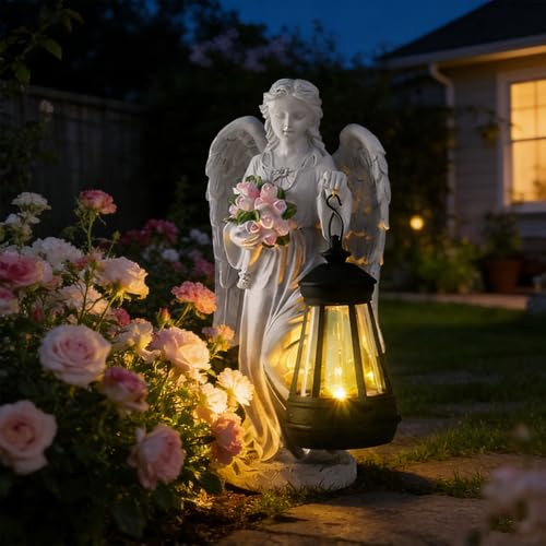 VEEKI Solar Angel Statue Outdoor, Garden Statue Angel Figurine Lights Outdoor Waterproof, Resin Angel Sculpture for Garden Yard Lawn Grave Cemetery Decor, Gift for Mom Grandma Women - color: Lantern