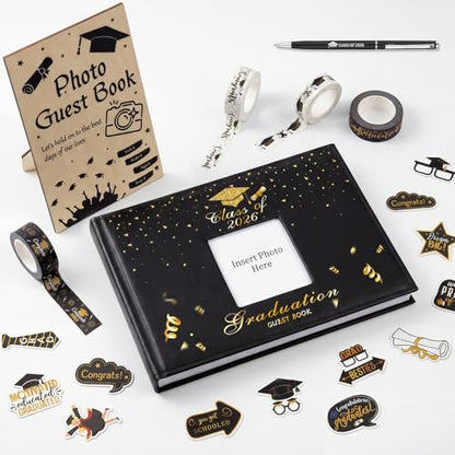 8 pcs Graduation Guest Book Photo Sign Decorations in Book 80 Pages | with Pen Stickers Washi Tape Wooden Stand Signature Scrapbook for College Gifts