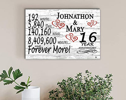 Personalized 16 Year Anniversary Sign Gift 16th Wedding Anniversary Present For Couple Days Minutes Years - Solid Wood - 16.5in x 10.5in x .75in (16 Year) - color: 16 Year
