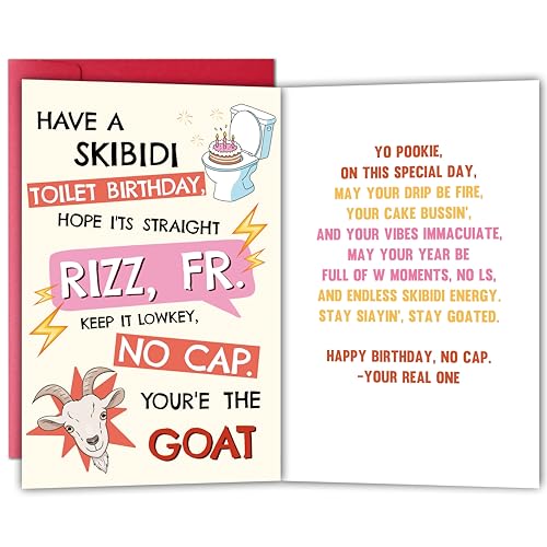 Funny Skibidi Toilet Birthday Card for Kids Teens, Meme Rizz Birthday Greeting Card, Humorous Gag Gift for Boys Girls, Silly Meme Party Favor Joke Cards - color: The Goat
