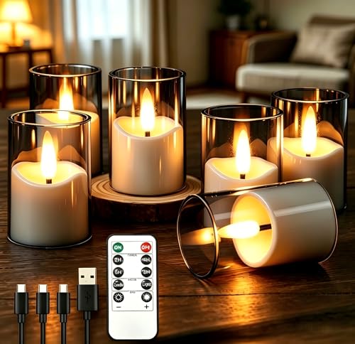 Rechargeable Flameless Candles with Remote Timer - color: Gery Acrylic - 6 Pack, size: 1.7"D x 2.5"H