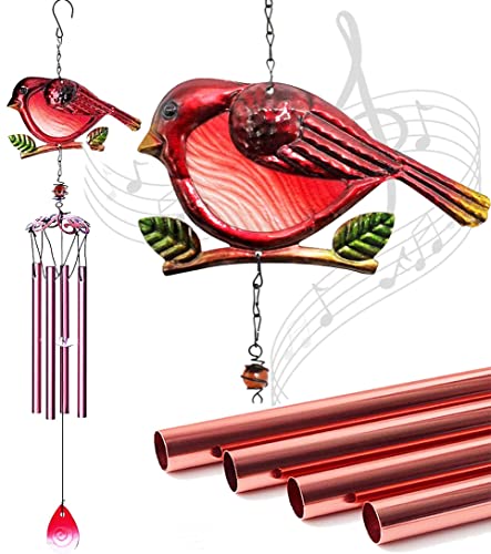 Evealyn Outdoor Red Cardinal Bird Wind Chimes, Indoor Stained Glass Metal Tubes Music Beautiful Windchimes Hanging for Room,Balcony,Window, Garden,Yard, Patio,Lawn Creative Home Decoration (Red)