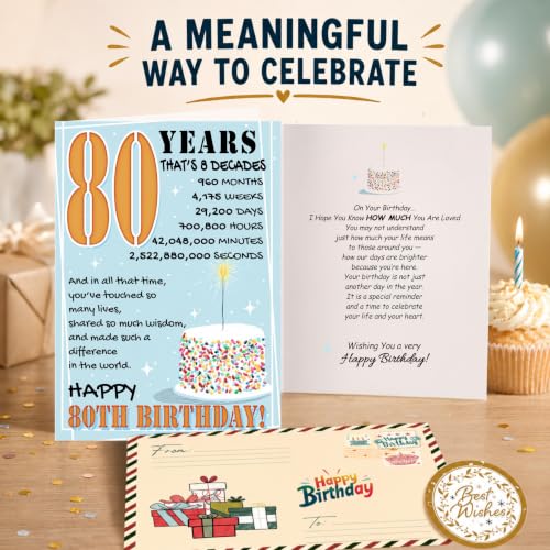 80th Birthday Card, 80th Birthday Cards for Women Men with Seal and Envelope, 80 Year Old Birthdayy Card for Mom Dad Grandma Grandpa Uncle Aunt Friend Family from Son Daughter Granddaughter Grandson - color: 80th