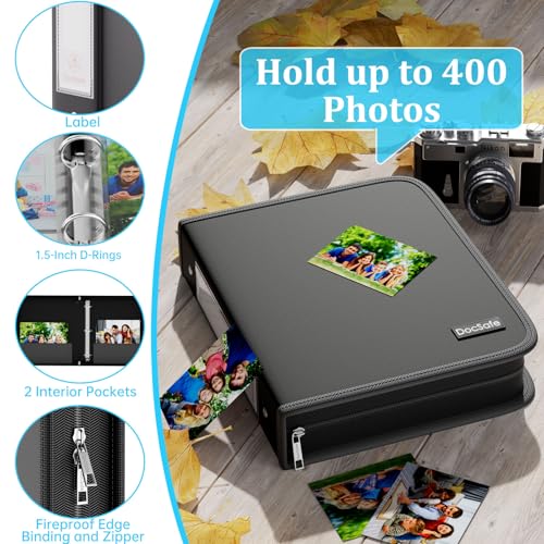 DocSafe Photo Album 4x6 400 Pockets,Fireproof Photo Book with 100 Plastic Sleeves,Large Capacity Binder Protect Family Wedding Anniversary Baby Vacation Pictures,Zipper Closure,2-Inch O-Rings,Black