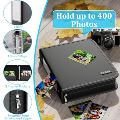 DocSafe Photo Album 4x6 400 Pockets,Fireproof Photo Book with 100 Plastic Sleeves,Large Capacity Binder Protect Family Wedding Anniversary Baby Vacation Pictures,Zipper Closure,2-Inch O-Rings,Black