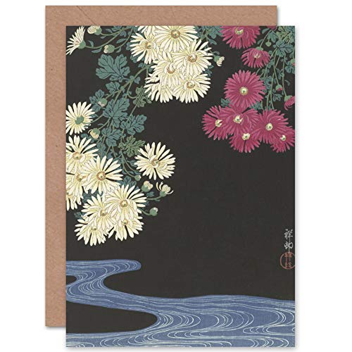 Artery8 Ohara Koson Chrysanthemums Running Water Japanese Fine Art Greeting Card Plus Envelope Blank Inside - color: Chrysanthemums