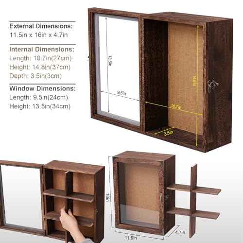 Shadow Box Frame 12x16, 4.7 inches deep, Display Case with Removable Shelves & 6 Compartments, Large Memory Box for Photos, Keepsakes, Wedding, Collectibles - color: 11x16 Carbonized