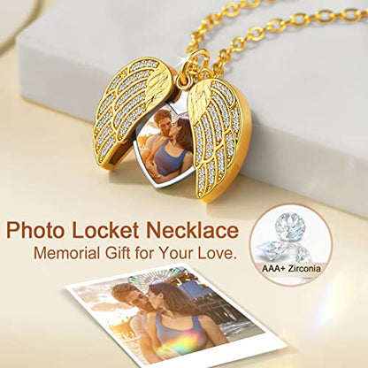 Custom4U Personalized Heart Locket Necklace with Pictures,Sunflower/Angel Wings/Heart Shaped Lockets Custom Photo,Gold/Rose Gold/White Lockets That Holds Picture,Customized Memorial Jewelry for Women - color: B-Angel Wings-Gold(Locket + Photo + Engraving)