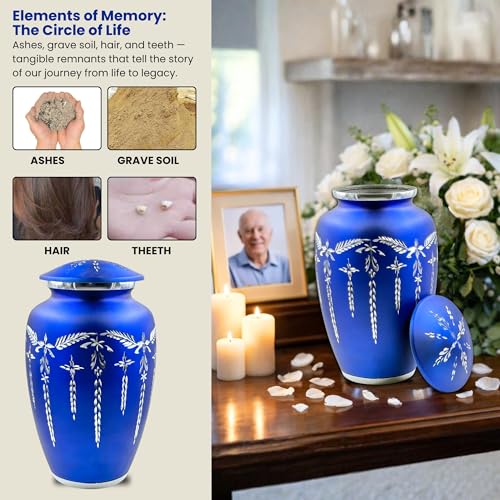 Cremation Urn for Human Ashes Adult (200 lbs) – Blue Large Metal Funeral Urn for Men & Women, Decorative Memorial Urn with Secure Lid
