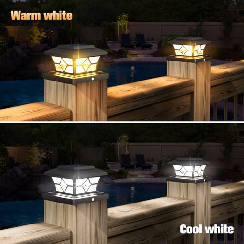 VOLISUN Solar Fence Post Cap Lights, Cool/Warm Modes Outdoor 4Pack, Black - color: Black, size: 4 Pack