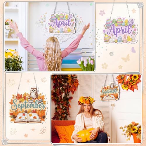 Cinnvoice Seasonal Diamond Art Hanging Kit,12 Pcs,12 Month | Holiday Diamond Art Wreath Ornament, Month Gem Hanging Sign, Festival Crystal Suncatcher, for Door Window Wall Home Decor - style: 12 Month
