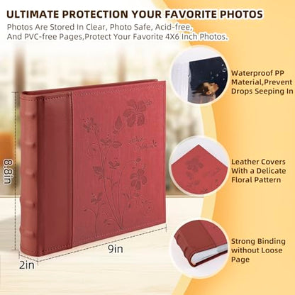Photo Album holds 4x6 200 Horizontal Pictures with Memo Space (Red) - color: Red