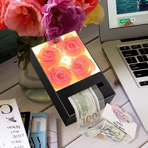 Money Box for Cash Gift Pull, Money Gift Boxes for Cash on Birthday, Christmas, Graduation, Mother's Day, for Husband, Wife, Girlfriend, Mother With Soap Rose Flower and Greeting Cards (Black+Pink) - color: Black+Pink