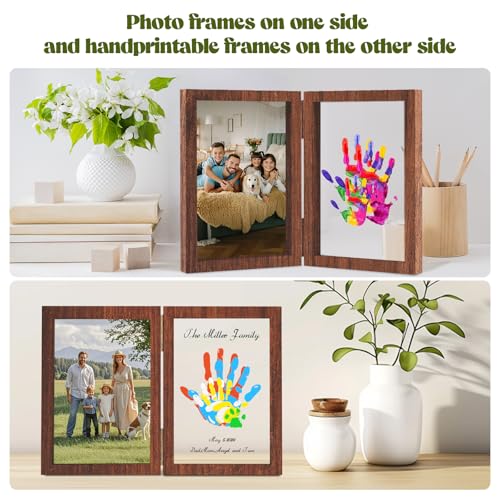 Family Handprint Kit, DIY Baby Hand and Footprint Handmade Keepsake Wooden Frame, Family Gifts with 5 Non-Toxic Baby-Safe Paint, Ideas Gift for New Parents Couple Friends - color: Brown, size: 4 Pages Acrylic Boards