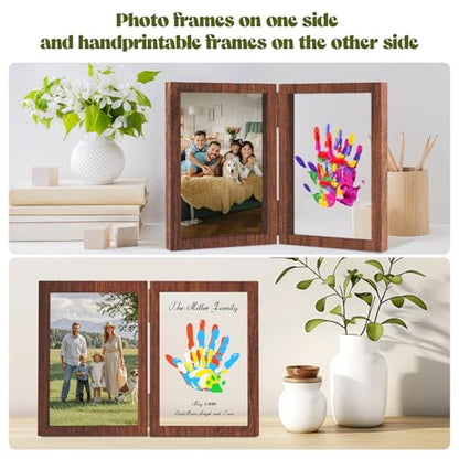 Family Handprint Kit, DIY Baby Hand and Footprint Handmade Keepsake Wooden Frame, Family Gifts with 5 Non-Toxic Baby-Safe Paint, Ideas Gift for New Parents Couple Friends - color: Brown, size: 4 Pages Acrylic Boards