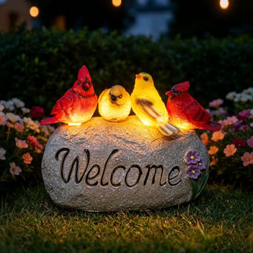 Solar Bird Garden Statues, Cardinal Robin Welcome Sign Stone Outdoor Decor | Welcome Birds Statue with Warm Glow, 4 Birds Resin Outdoor Figurine Lights for Patio Yard Decor or Gifts for Mom, Grandma - color: Red-yellow