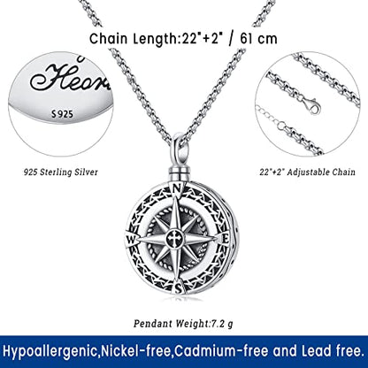 Compass Necklace for Women Men 925 Sterling Silver Pendant Urn Necklaces for Ashes Picture Locket Necklace Anchor Necklace Viking Necklace Crystals CZ Moonstone Abalone Shell Turquoise Compass Jewelry - color: T-I-Compass Urn Necklace, style: Urn Necklace