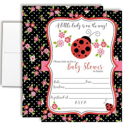Amanda Creation Ladybug Baby Shower Invitations, 20 Fill-In 5x7 Love Bug Baby Shower Invitation Double-Sided Red Ladybug Theme Invite Cards with White Envelopes - style: Red Ladybug