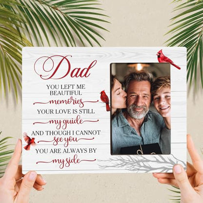 Dad Memorial Wooden Picture Frame, Always By My Side Cardinal Gifts for Loss of Dad, Sympathy Gifts for Loss of Father, Fits 4x6 Photo Frame - color: White