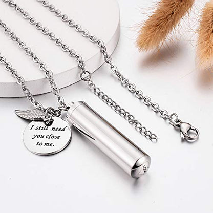 abooxiu Cylinder Urn Necklace for Ashes Cremation Jewelry/Keychain for human Pet Stainless Steel Memorial Keepsake Pendant with Angel Wing Charm Ashes - color: Silver-l