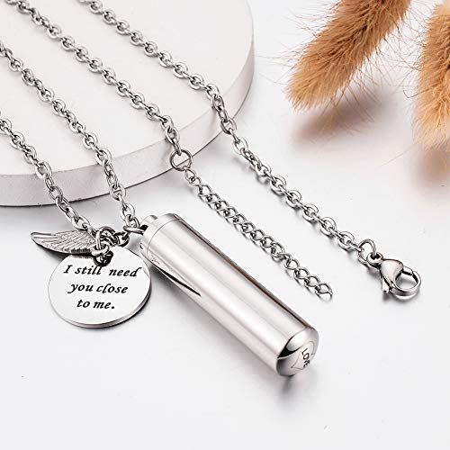 abooxiu Cylinder Urn Necklace for Ashes Cremation Jewelry/Keychain for human Pet Stainless Steel Memorial Keepsake Pendant with Angel Wing Charm Ashes - color: Silver-l