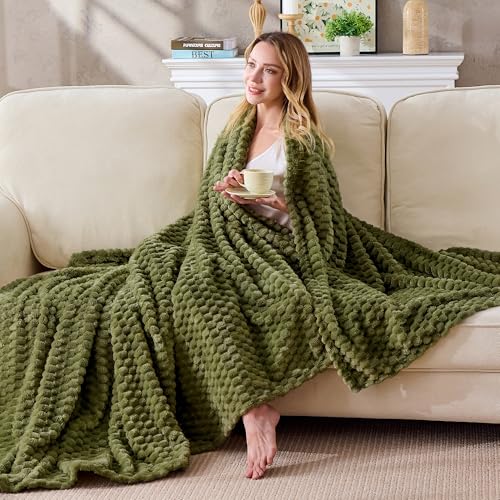 330GSM 3D Jacquard Queen Blanket for Bed, Olive Green, 90"x90" - color: Olive Green, size: Queen(90"x90")