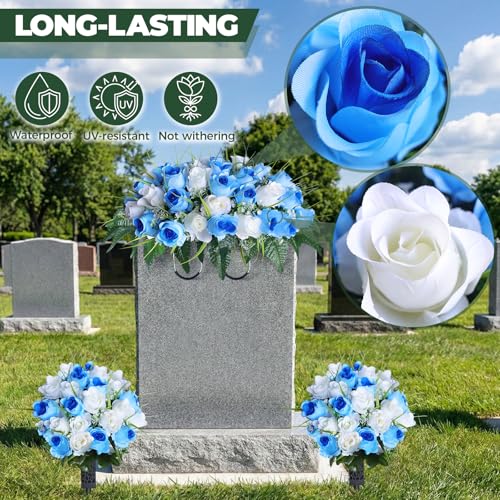 3 PCS Artificial Cemetery Flowers for Grave, Headstone Flower Saddle - color: Blue and White