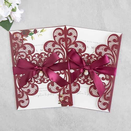 20Pcs Burgundy Laser Cut Wedding Invitation Cards With Envelopes - color: Burgundy