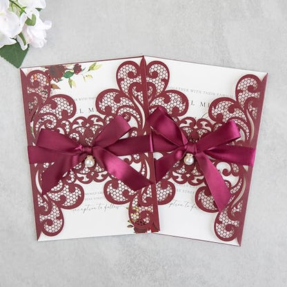 20Pcs Burgundy Laser Cut Wedding Invitation Cards With Envelopes - color: Burgundy