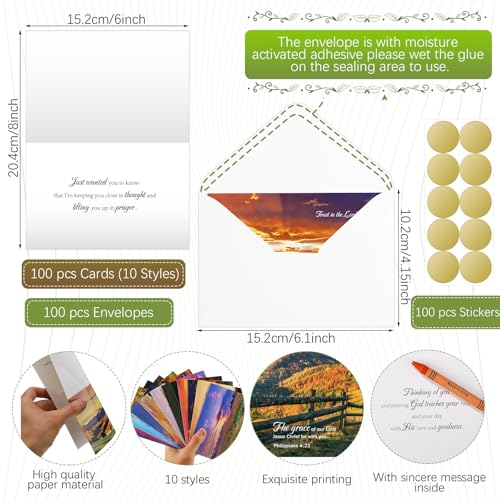 Dunzoom 100 Pack Religious Thinking of You Cards Bulk Set with Envelopes Stickers 10 Floral Landscape Designs Assort Christian Thinking of You with Greeting Card Scripture Inspirational Blessing 4 x 6 - style: Thinking of You