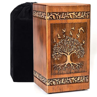 Wooden Cremation Urn for Human Ashes Adult Male Female 250 lbs, Engraved Tree of Life Decorative Funeral Urns Box and Casket for Ashes Men Women with Satin Bag Burial or Memorial(Tree of Life)