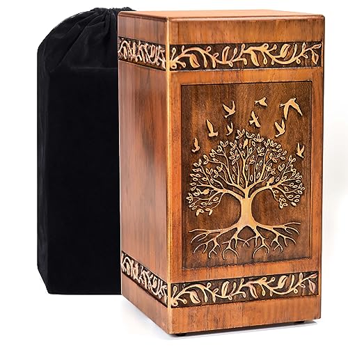 Wooden Cremation Urn for Human Ashes Adult Male Female 250 lbs, Engraved Tree of Life Decorative Funeral Urns Box and Casket for Ashes Men Women with Satin Bag Burial or Memorial(Tree of Life)