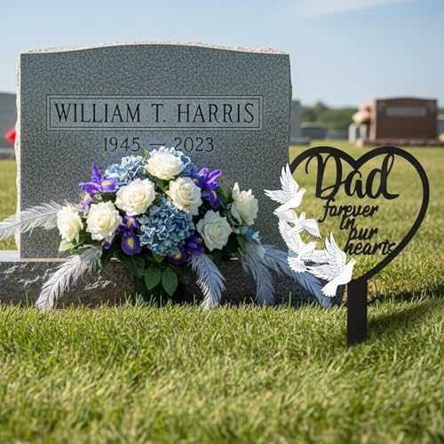 BUoonyer Stake Graves Cemetery Decorations - Dad Metal Memorial Grave Markers, Father Heart Graveyard Sympathy Plaque, Dove Remembrance Graveside Burial Decor Sign for Outside Yard Garden - style: Dad